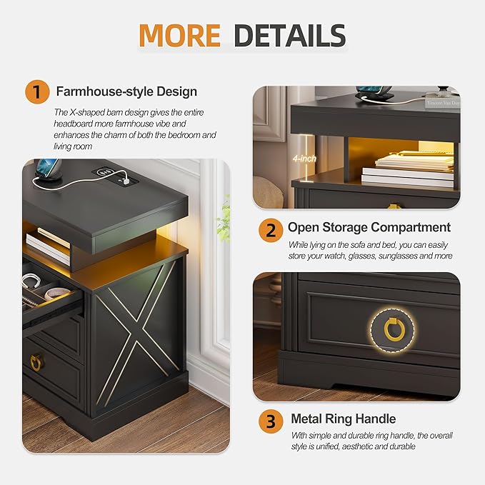 Gurexl Farmhouse Night Stand with Lockable Gun Drawer,LED Nightstand with Charging Station,Bedside Table with Human Sensor 3-Color Lights,End Table with 3 Drawers,Bedroom,Black