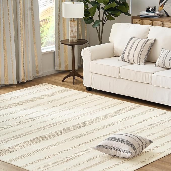 jinchan Moroccan Boho 6x9 Area Rugs for Living Room - Machine Washable Soft Throw Rug Bohemian Ripple Design Non-Slip Neutral Carpet for Bedroom Dining Room Home Office (6‘x9', Beige)