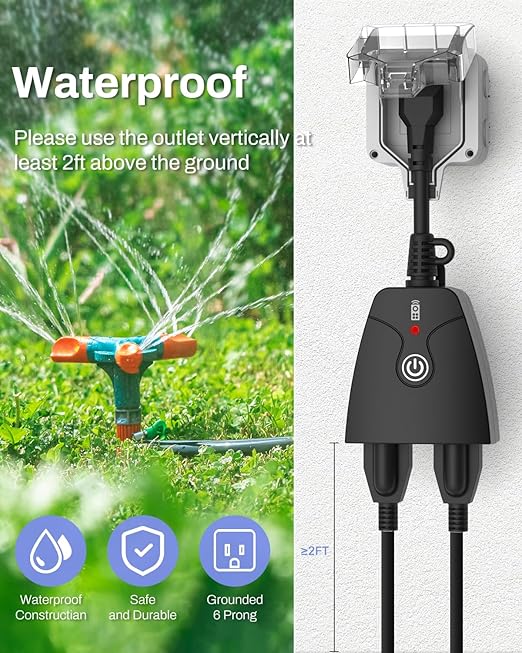 HBN Outdoor Wireless Remote Control Outlet Plug,Weatherproof Heavy Duty Power Strip,Indoor Electrical Plugs for Light Switch,6-inch Cord,100ft Range, 2 Remote Controls(15A,Dual 3-Prong Outlets)