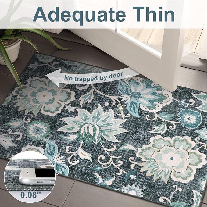 Beeiva Floral 2x6 Washable Runner, Hallway Runner Rugs with Rubber Backing, Non Slip Ultra Thin Lightweight Kitchen Rug for Bedroom Entryway Laundry Room(Blue,2'x6')