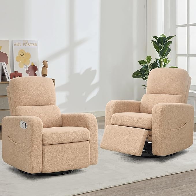 Swivel Rocker Recliner, Oversized Manual Boucle Nursery Glider Rocking Recliner Chair with Removable Cushion, Upholstered Swivel Reclining Chair for Nursery Living Room Bedroom,Teddy Camel