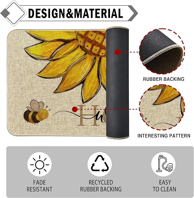 Sunflower Welcome Doormat 17"x36", Non Slip Door Mat Indoor Entrance, Hello Indoor Front Door mat, Spring Summer Outdoor Entrance Mat, Low Profile Design Patio Porch Entryway Mats