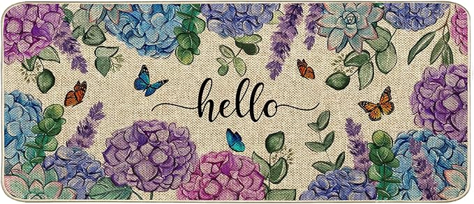 Welcome Spring Door Mat Hydrangea Flowers Floral Doormat Indoor Outdoor Entrance Outdoor Rug Low-Profile Floor Rug Non Slip Spring Summer Decor Rubber Mats for Home Decoration 17x36Inch
