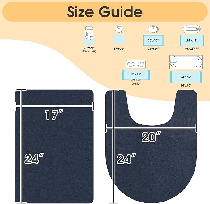 Ultra Thin Bath Mat, Upgrade Backing Non Slip Thin Bath Mats Fit Under Door, Quick Dry Ultra Absorbent Bathroom Rugs, Machine Washable Bath Rugs for Bathroom, Bathtub, Dark Blue/Solid/2 Piece