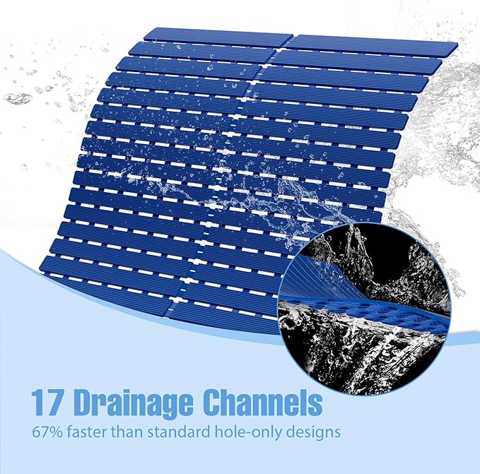 Shower Mat Non-Slip Bath Mat for Tub and Shower Stall,200+ Suction Cups with Drain Holes, Quick Dry Machine Washable, Extra Grip for Stand Up Showers, Bathroom Essentials 24x24 Inch (Blue)