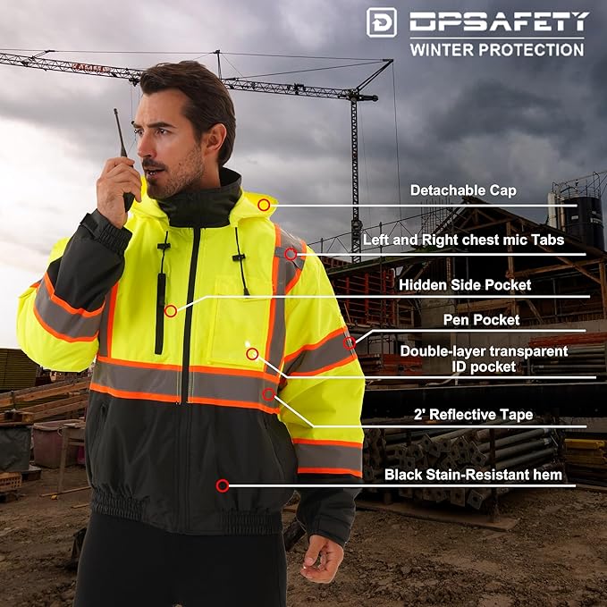Hi Vis Safety jacket for men,Reflective high Visibility Hooded jacket,Work Bomber Jacket with Pockets and Zipper,Waterproof,ANSI Class 3 Black Bottom Yellow,Large
