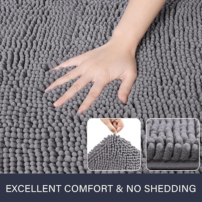 LOCHAS Luxury Bathroom Rug Shaggy Bath Mat 24 x 54 Inch, Washable Non Slip Bath Rugs for Bathroom Shower, Soft Plush Chenille Absorbent Carpets Mats, Gray