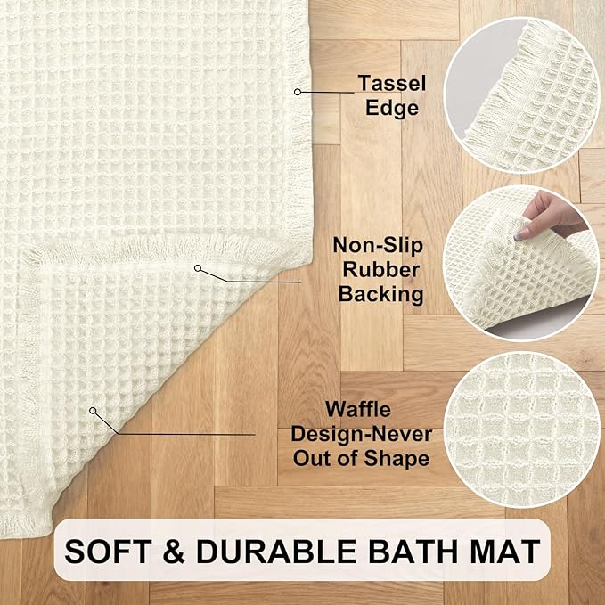 Hiasan Waffle Bath Mat, Super Absorbent Non Slip Bathroom Boho Rug with Tassels, Machine Washable Bath Mats for Bathroom, Ultra Soft Rubber Backed Rug, White, 20 x 32 Inches