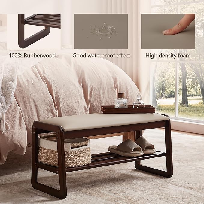 Shoe Rack Bench,2 Tier Wooden Entryway Bench with Shoe Storage, Shoe Rack with Cushion for Living Room, Hallway(Pu Beige, 31.5")