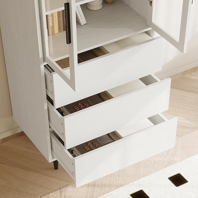 TUSY 70.9“ H Bookshelf with Glass Doors, 5-Tier Display Curio Cabinet with Drawers, Narrow Display Bookcase for Home, Office, Clinic, Pantry (White, B)
