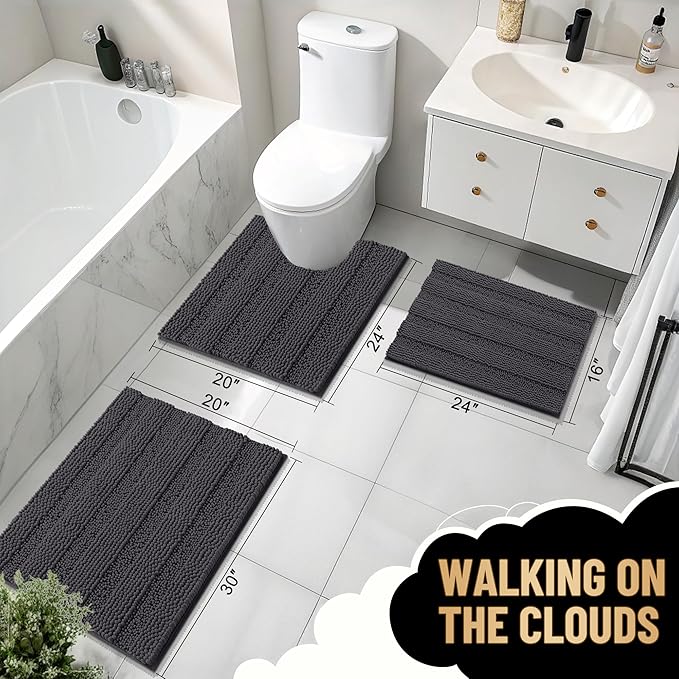 OLANLY Thick Bathroom Rugs 47x20, Extra Soft Absorbent Chenille Striped Bath Rugs, Rubber Backing, Machine Wash Dry, Bath Mats for Bathroom Floor, Tub and Shower, Home Decor Accessories, Dark Grey