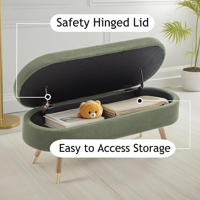 IAFIKE Oval Storage Bench 43.5" Ottoman Bench Upholstered Boucle Fabric Footrest Bench with Golden Metal Legs End of Bed for Bedroom, Living Room, Entryway,Bed Side (Dark Green)