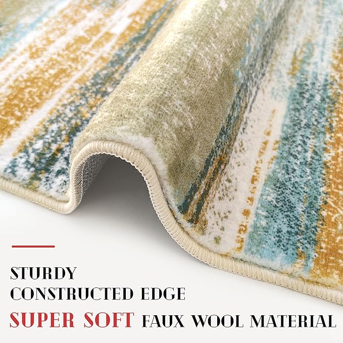 Modern Abstract Entryway Rug Indoor 2x3 Washable Rug Non-Slip Soft Small Area Rug Green Mustard Multi Kitchen Mats Thin Print Faux Wool Floor Carpet Throw Rugs for Entrance Bedroom Home Decor