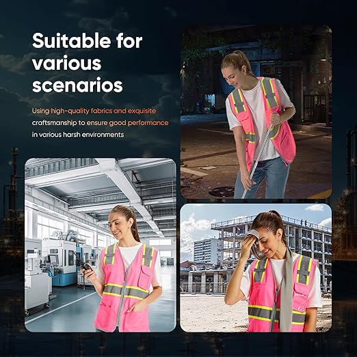 Hi Vis Safety Vest for Women, Working Drawstring waist Construction Vest with Pockets and Zipper (US, Alpha, 6X-Large, Regular, Regular, Pink