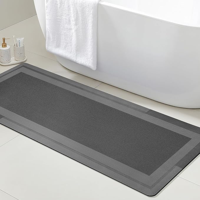 Ultra Thin Bath Mat, Upgrade Backing Non Slip Thin Bath Mats Fit Under Door, Quick Dry Ultra Absorbent Bathroom Rugs, Machine Washable Bath Rugs for Bathroom, Bathtub & Kitchen, Grey/Bordered/59"x20"