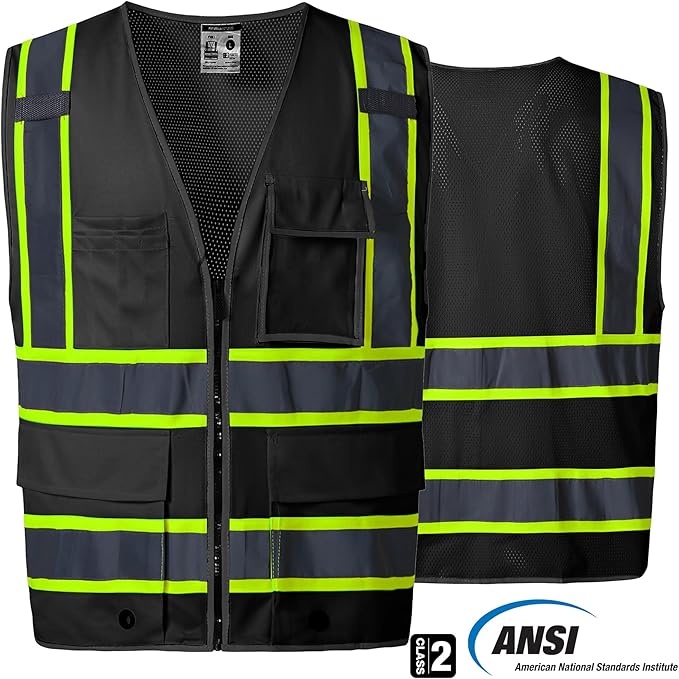 SKSAFETY 10 Pockets Safety Vest, Class 2 High Visibility Security with Zipper Back Mesh, Hi Vis Vest with Reflective Strips, ANSI/ISEA Standard, Construction Work Vest for Men ＆ Women （Black, 4XL）