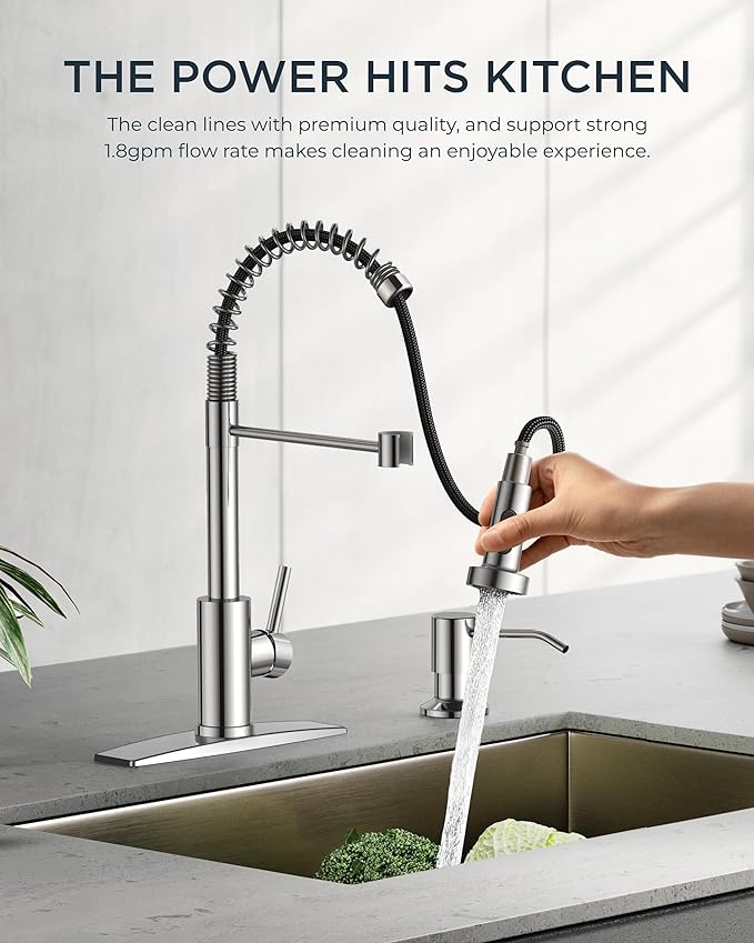 FORIOUS Kitchen Faucets, Chrome Kitchen Sink Faucet with Pull Down Sprayer, Commercial Kitchen Faucet Stainless Steel, Classic Single Handle Pull Out Sink Faucets for Farmhouse RV Laundry Utility Room