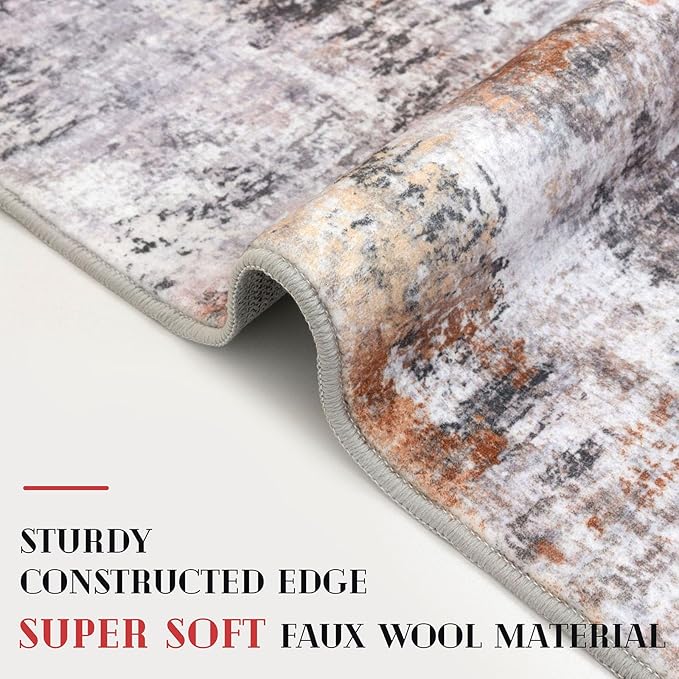 Modern Abstract Runner Rug 2x5, Grey Orange Multi Colorful Washable Kitchen Entryway Mat Non-Slip Soft Hallway Thin Print Faux Wool Carpet for Bedroom Laundry Room Indoor