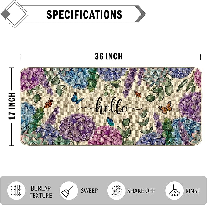 Welcome Spring Door Mat Hydrangea Flowers Floral Doormat Indoor Outdoor Entrance Outdoor Rug Low-Profile Floor Rug Non Slip Spring Summer Decor Rubber Mats for Home Decoration 17x36Inch