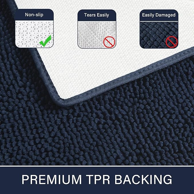 LOCHAS Luxury Bathroom Rug Shaggy Bath Mat 24 x 48 Inch, Washable Non Slip Bath Rugs for Bathroom Shower, Soft Plush Chenille Absorbent Carpets Mats, Navy