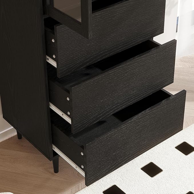 TUSY 70.9“ H Bookshelf with Glass Doors, 5-Tier Display Curio Cabinet with Drawers, Narrow Display Bookcase for Home, Office, Clinic, Pantry (Black, B)