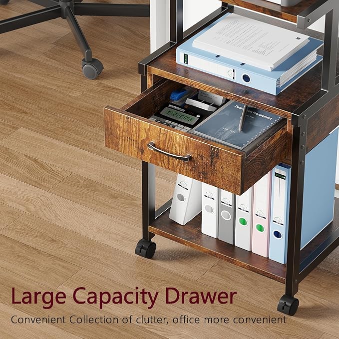 Printer Stand, 3-Tier Mobile Printer Cart, 31.5 x 14.96 x 17.72 Inches Square Printer Table with Storage Rack, Rolling Printer Table with Industrial Wheels for Home Office, Brown