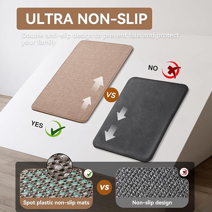 Kitchen Rugs Mat Non Slip Washable, Linen-Look 0.3" Thick Soft Cushioned Absorbent Kitchen Mats for Floor, Mild Anti-Fatigue Runner Rug Sink Mat Laundry Standing Mats, Easy Clean, Brown 17"x30"