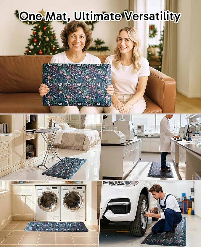Ophanie Kitchen Mats for Floor, 3/4 inch Thick, 20x39 Anti Fatigue Cushioned Mat, Kitchen Rugs, Waterproof, Comfort Ergonomic Standing Mat for Office, Home, Sink, Blue Flower Non-Slip Ridged Bottom