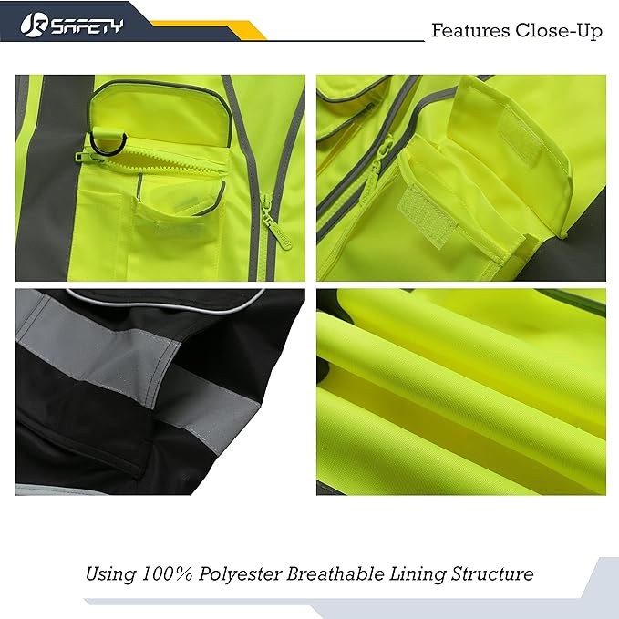 JKSafety 9 Pockets High Visible Reflective Safety Vest Zipper Front Breathable Lining, Yellow-Black Meets ANSI/ISEA Standards(150-Yellow-Black M