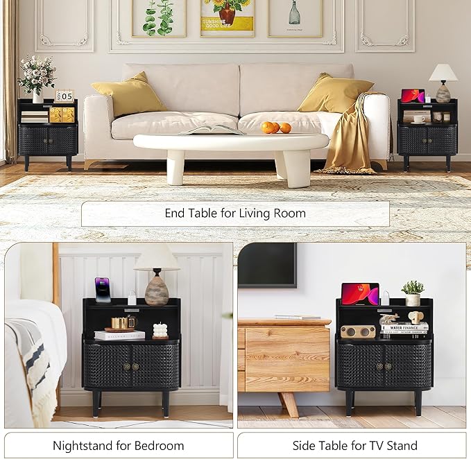 Metal Rattan End Table Set of 2 with Charging Station, Mid Century Modern Nightstand with 2 Doors, Bed Side Table with Storage for Couch,Living Room, Sofa Side Table for Office,Dorm - Black