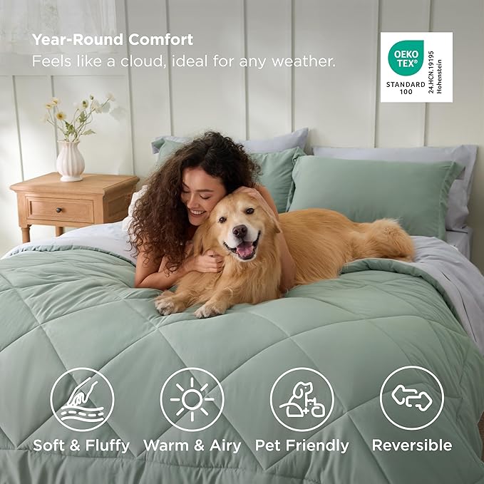 Bedsure Sage Green Queen Comforter Set - 7 Pieces Reversible Bed Set Sage Green Bed in a Bag Queen with Comforters, Sheets, Pillowcases & Shams, Queen Bedding Sets
