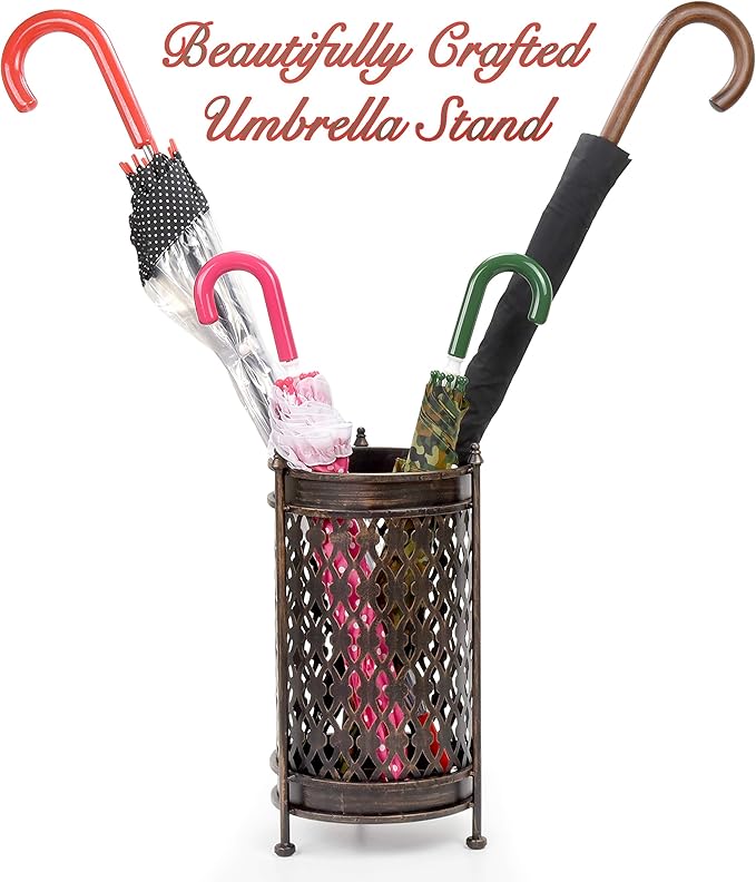 Dualplex Super Quality Umbrella Stand Umbrella Holder Antique Look Metal Entry Hallway Décor Round Style w/Removable Drip Tray Home Office Rack Umbrellas Canes Walking Sticks Gift Idea 16" Tall