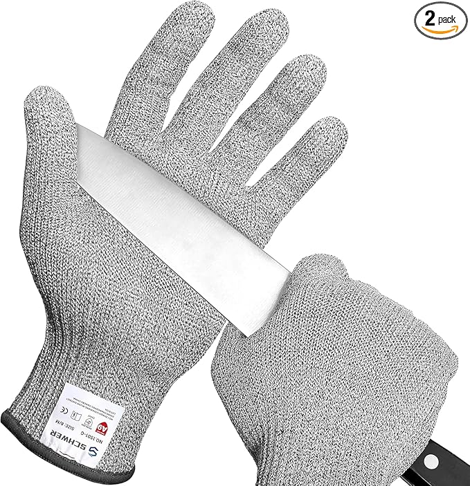 Schwer 2 Pairs ANSI A9 Cut Resistant Gloves, Food Grade Reliable Cutting Gloves, Mandoline Gloves for Kitchen Meat Cutting, Oyster Shucking, Fish Fillet Processing, Non-PFAS, PR1501-G, S