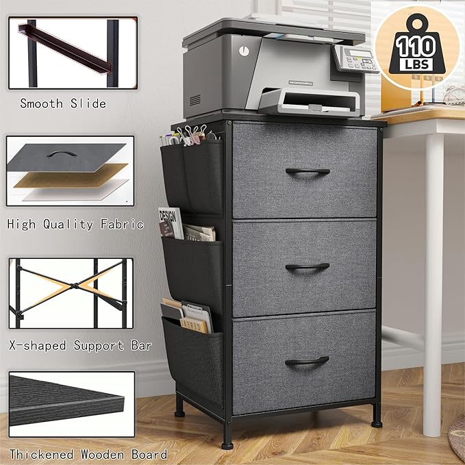 Tall Nightstand, Night Stand with Drawers for Bedroom, Bedside Table with Wooden Top, Sturdy Steel Frame End Table, Dorm Nightstand for Bedroom, Entryway, Hallway, Closet, Cloth Bags, Hooks, Grey