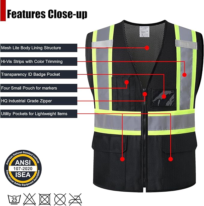 Reflective Safety Vest for Men Women Hi Vis Vest with Pockets High Visibility Vest Mesh Construction Vests Meets ANSI/ISEA Standards (Black-33, Medium)