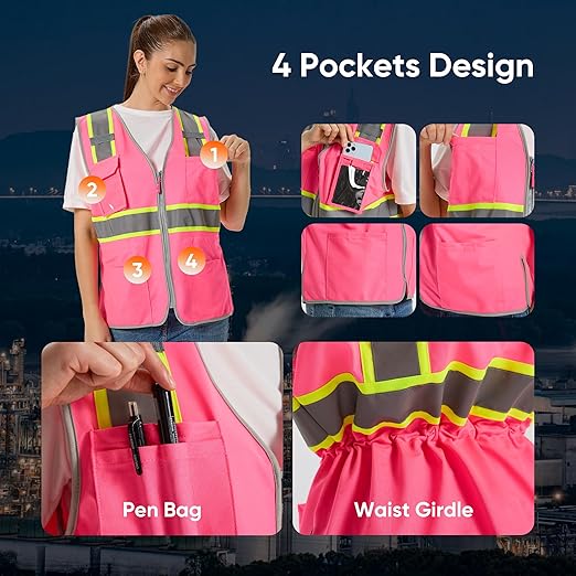 Hi Vis Safety Vest for Women, Working Drawstring waist Construction Vest with Pockets and Zipper, Womens Safety Vest, ANSI Type R Class2
