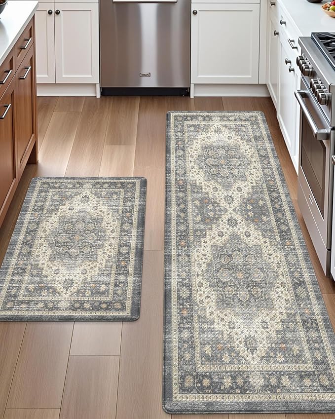 DEXI Kitchen Floor Mats Anti Fatigue, 17x29+17x59 Large Cushioned Runner Rug Waterproof, Standing Comfort Memory Foam Padded for Front Sink Laundry Office Set of 2, Dark Grey