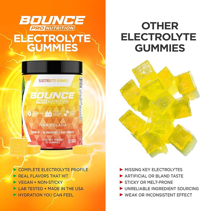 Bounce Pro Hydration Electrolyte Gummies – 51 Vegan Chewable Gummies with Sodium, Potassium & Magnesium for Running, Workouts & Endurance – No Sugar, Caffeine Free Electrolyte Chews, Pina Colada