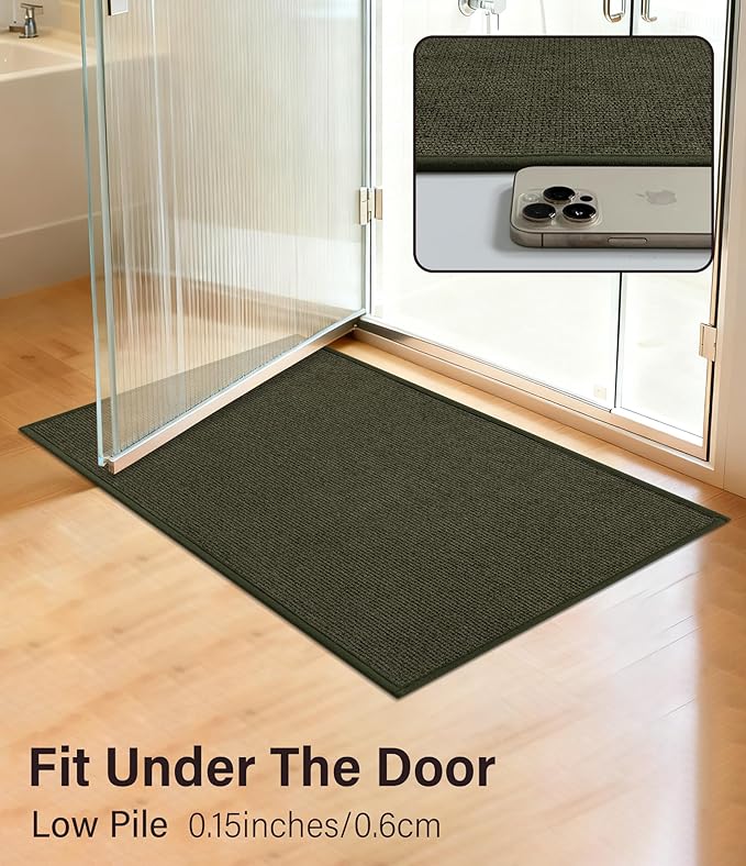 YIHOUSE Bathroom Rugs Mats Sets 5 Pieces, Ultra Thin Bath Mat Absorbent Non Slip Bath Rugs for Bathroom Washable, Shower, Sink, Laundry (Dark Green, 5 Pieces)