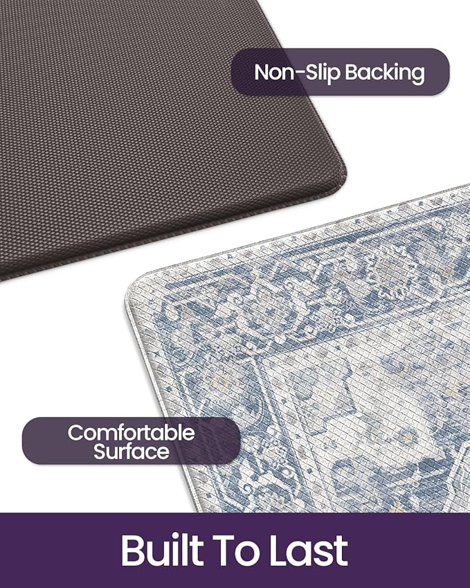DEXI Kitchen Floor Mats Anti Fatigue, 23x59 Large Cushioned Vintage Runner Rug Waterproof, Standing Comfort Memory Foam Padded for Front Sink Laundry Office, Light Grey and Blue