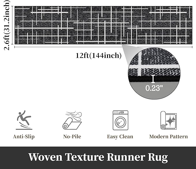 Non Slip Hallway Runner Rug 2.6x12, Modern Distressed Stripe, Washable Extra Long Rug, Woven Thin Low Pile Carpet Runners for Hallway 12ft Entryway, Kitchen, Walkway- Midnight Black