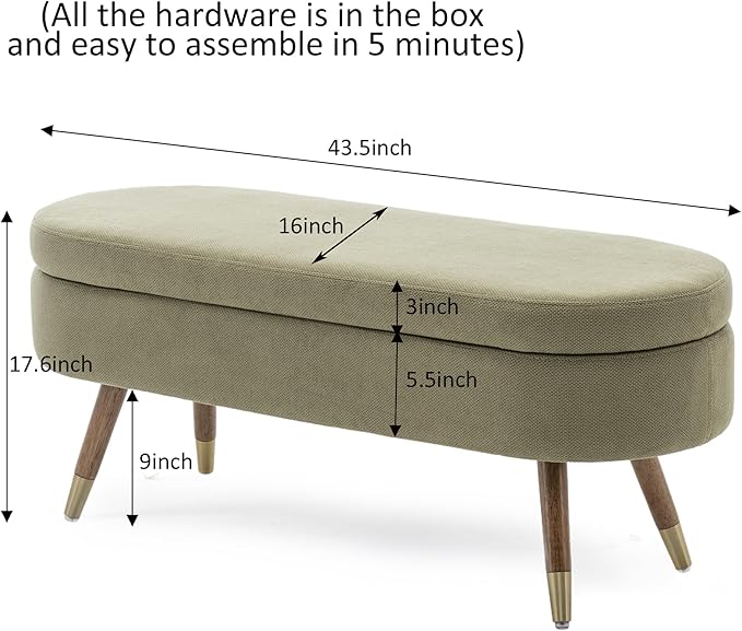 IAFIKE Oval Storage Bench 43.5" Ottoman Bench Upholstered Boucle Fabric Footrest Bench with Golden Metal Legs End of Bed for Bedroom, Living Room, Entryway,Bed Side (Green)