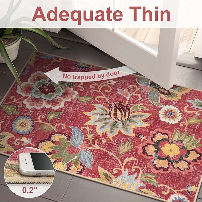Beeiva Washable Laundry Room Rug Runner, 2x5 Red Ultra Thin Floral Kitchen Rugs Non Slip Washable, Vintage Small Bedside Christmas Rug Runner Lightweight Indoor Carpet for Entryway Bedroom