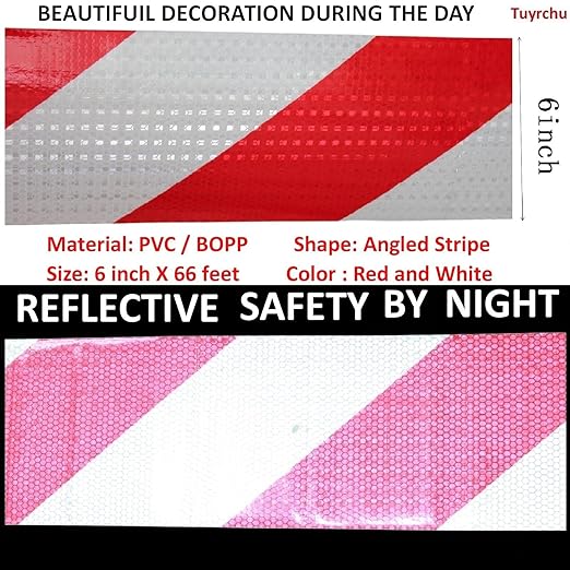 Red and White Reflective Tape Outdoor Waterproof 6 inch X 66 feet, High Visibility Hazard Conspicuity Safety Marking Tape