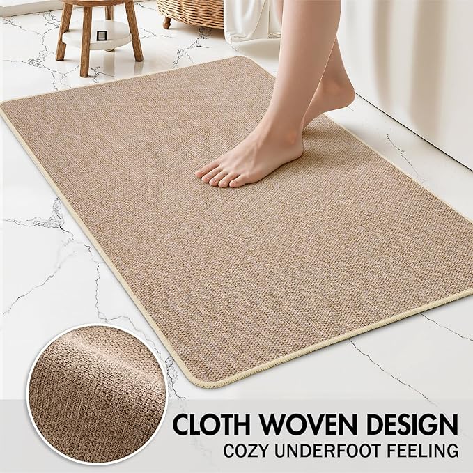 MIULEE Set of 2 Ultra Thin Bathroom Rugs, Rubber Bath Mats for Bathroom Non Slip, Quick Dry Absorbent Bath Rug Machine Washable, Fit Under Door, Shower, Sink, Home Decor, Beige, 17x35 Inch