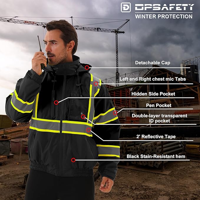 Hi Vis Safety jacket for men,Reflective high Visibility Hooded jacket,Work Bomber Jacket with Pockets and Zipper,Waterproof,ANSI Class 3 Black,Small
