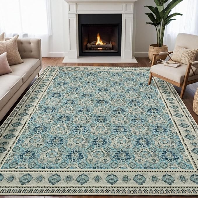Vintage Washable Area Rug 9x12, Spill-Proof Surface, Non-Slip Backing, Cozy Soft Faux Wool, Printed Rug for Living Room Bedroom Dining Room - Maya