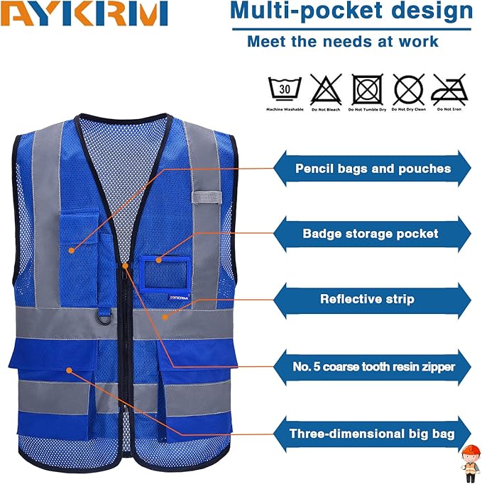 A-SAFETY High Visibility Mesh Safety Reflective Vest with Pockets and Zipper,Hi Viz Work Vest for Men Women (Blue Mesh XXL)