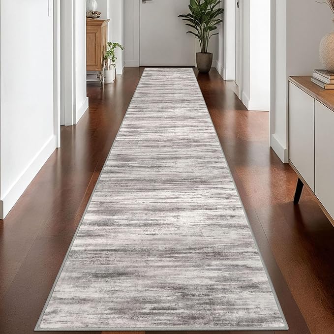 KOZYFLY Modern Abstract Washable Rug Runner 2.6x16 Hallway Rug Runner Non-Slip Soft Kitchen Runner Rugs, Grey-Beige Striped Carpet for Stair Entryway Bathroom Laundry Room Foyer