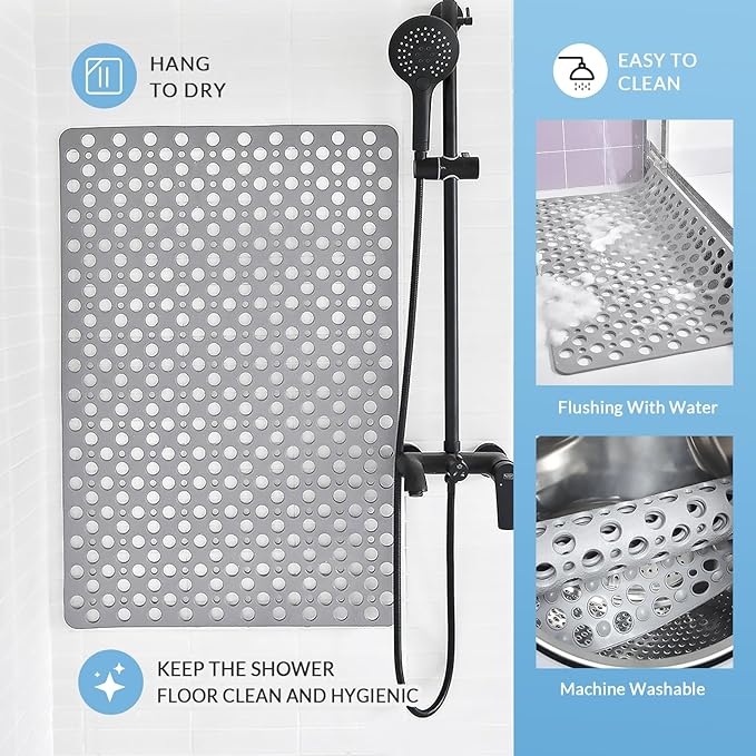 Non Slip Bathtub and Shower Mat, 30x17 in (75x43 cm), Soft Bath Tub Mat with Suction Cups and Bigger Drain Holes, Machine Washable & Quick Easy Dry, Non Slip Bath Mats for Inside Shower, Gray
